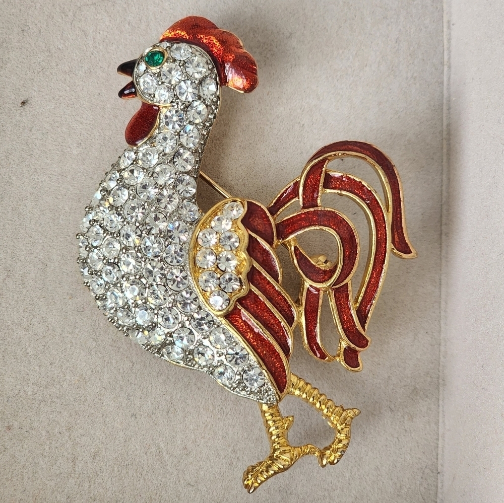 Gold with Clear Crystals and Red Enamel Red Enamel Rooster Brooch Pin